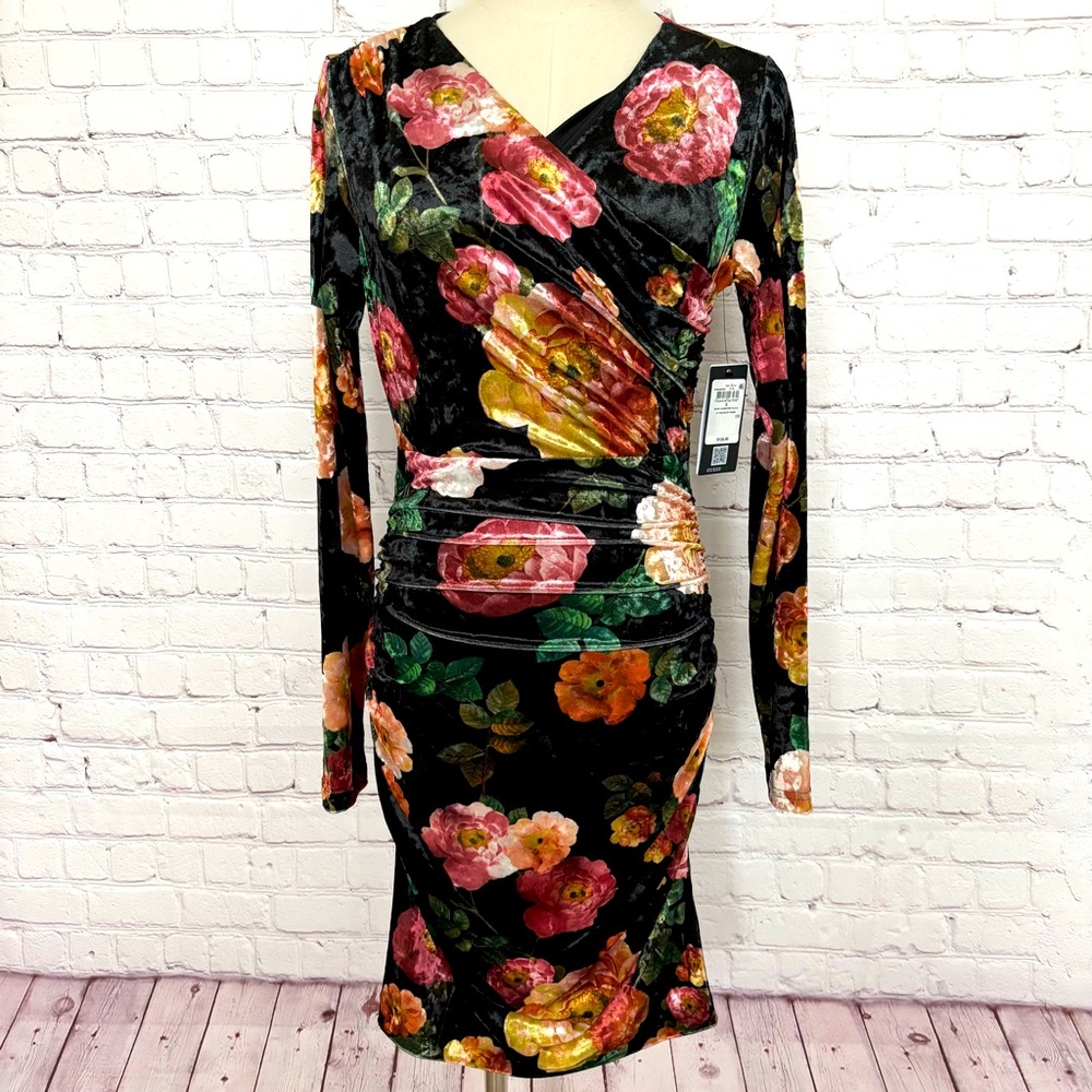 GUESS Eco Tess Peony Charm Print Long Sleeve Velvet Mini Dress--NWT--S - Picture 2 of 16